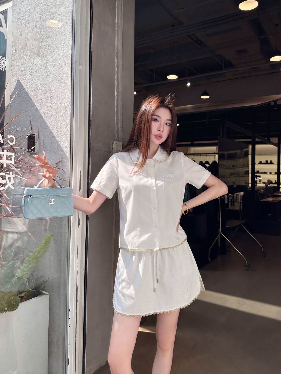 White Poplin Co-ord Set – Premium Cotton Collar Blouse and Scalloped Lace Mini-Skirt Set