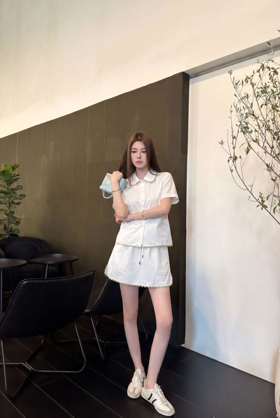 White Poplin Co-ord Set – Premium Cotton Collar Blouse and Scalloped Lace Mini-Skirt Set