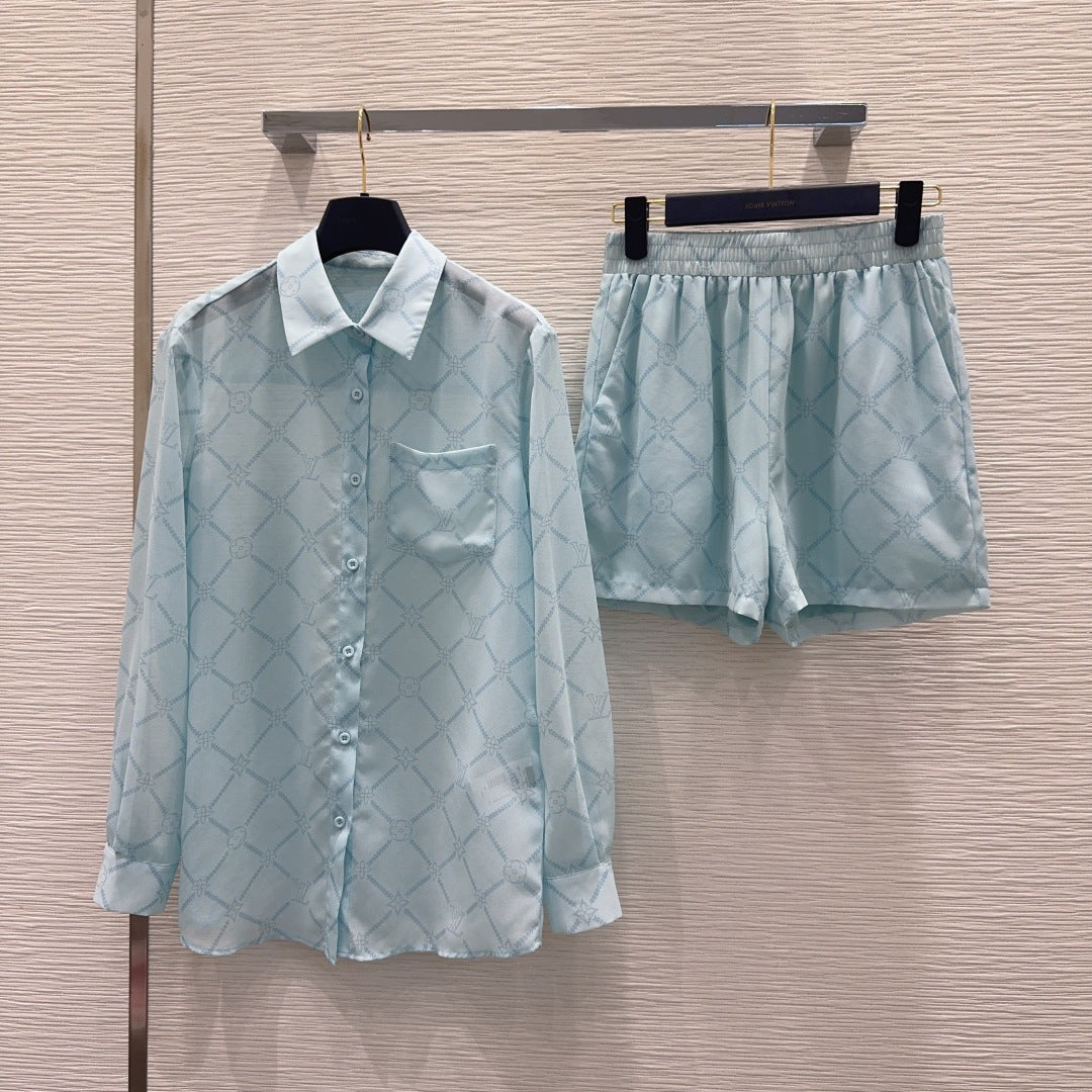 LV Monogram Tiles Co-ord Set – Pastel Ice-Blue Whisper-Weight Silk-Blend  Loungewear Set