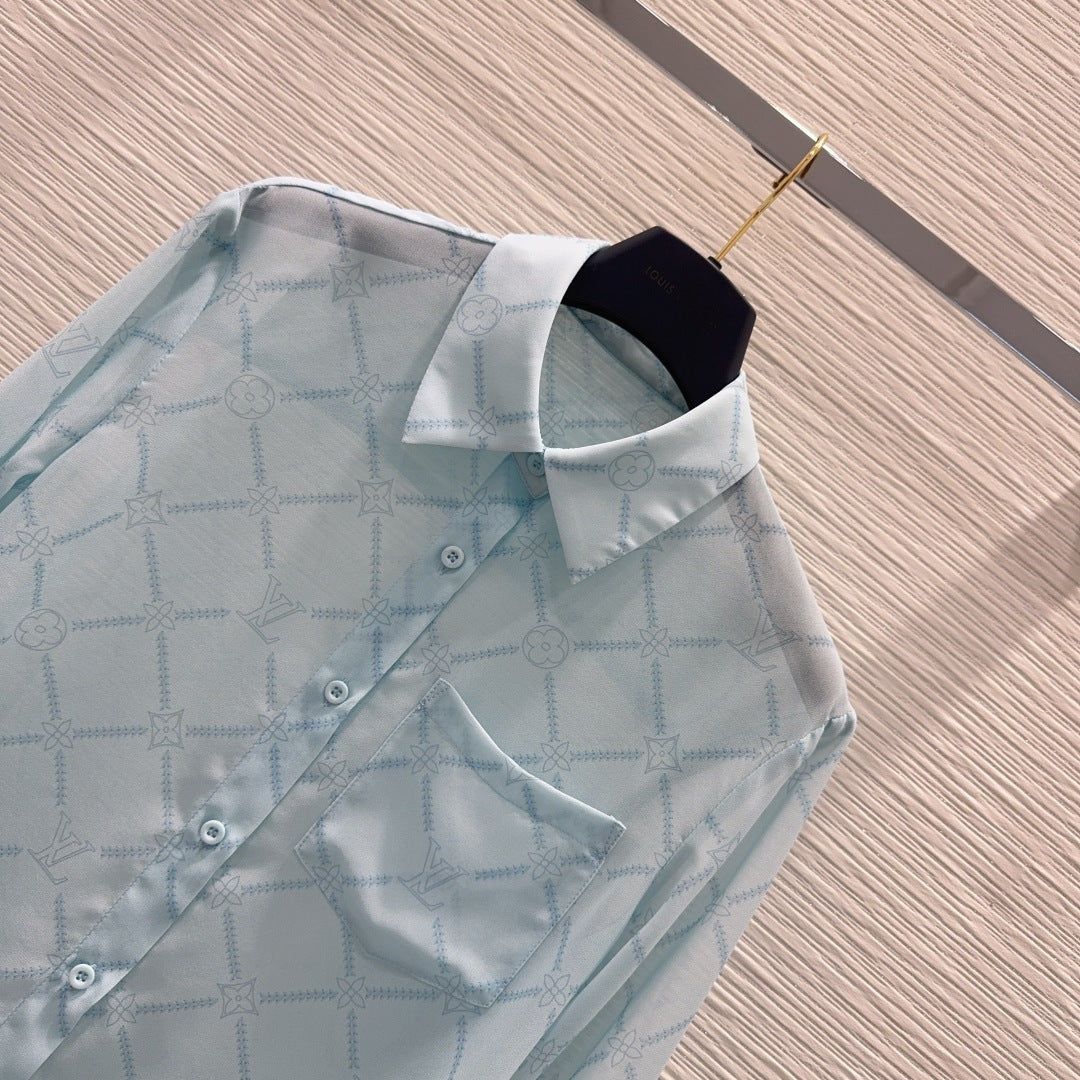 LV Monogram Tiles Co-ord Set – Pastel Ice-Blue Whisper-Weight Silk-Blend  Loungewear Set