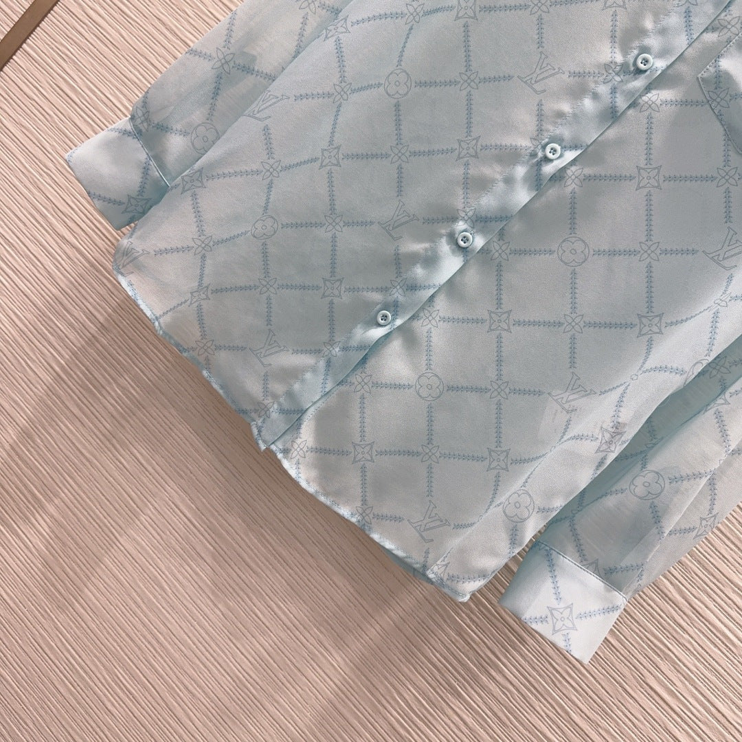 LV Monogram Tiles Co-ord Set – Pastel Ice-Blue Whisper-Weight Silk-Blend  Loungewear Set