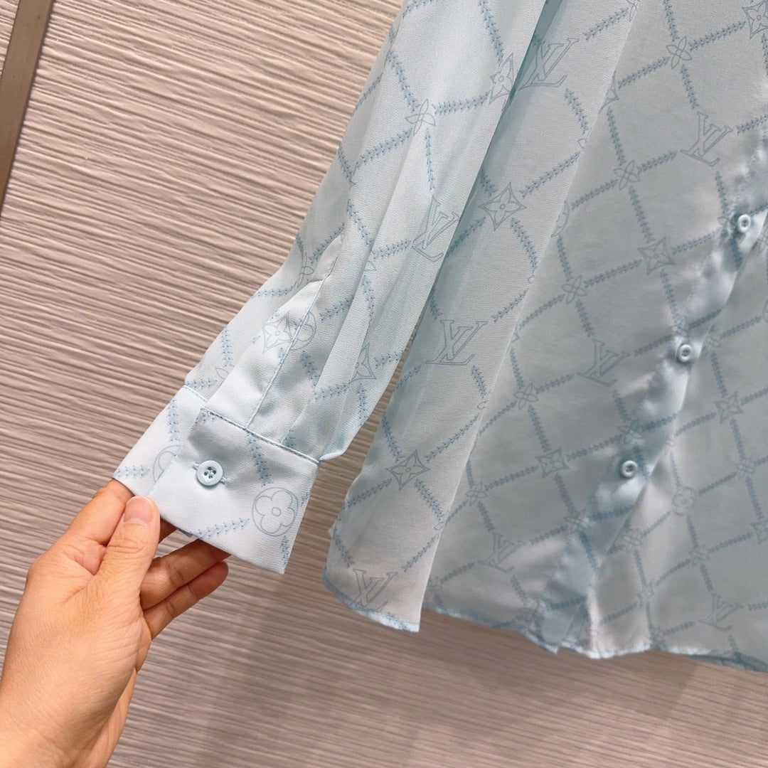 LV Monogram Tiles Co-ord Set – Pastel Ice-Blue Whisper-Weight Silk-Blend  Loungewear Set