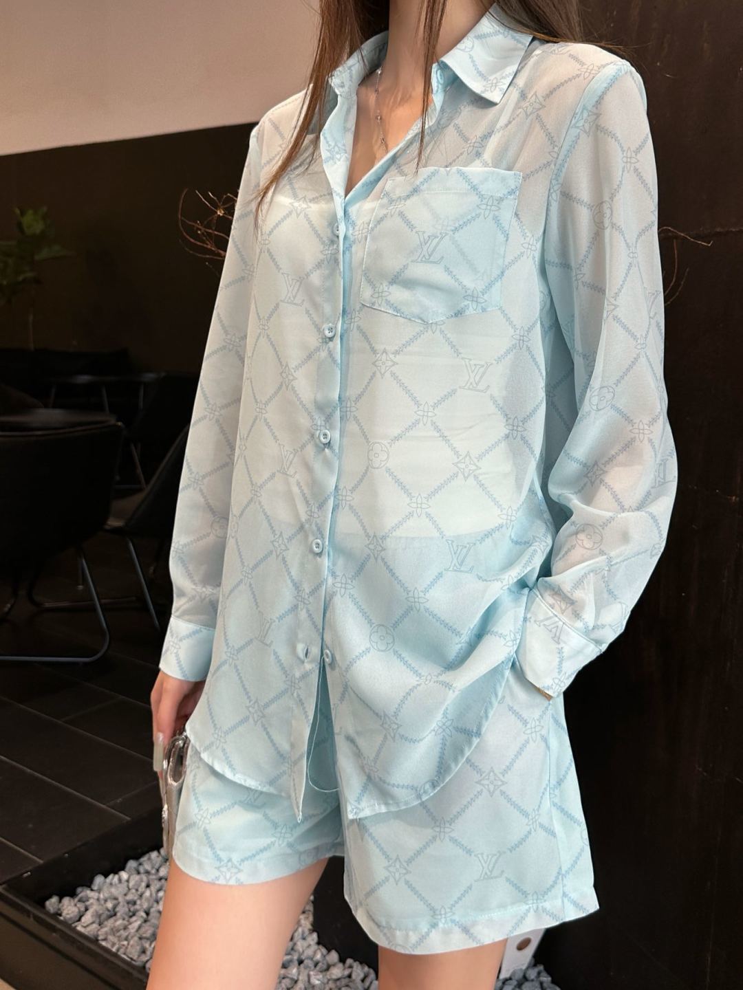 LV Monogram Tiles Co-ord Set – Pastel Ice-Blue Whisper-Weight Silk-Blend  Loungewear Set