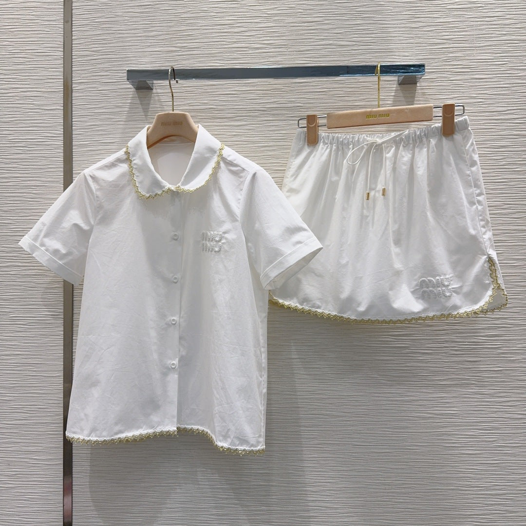 White Poplin Co-ord Set – Premium Cotton Collar Blouse and Scalloped Lace Mini-Skirt Set