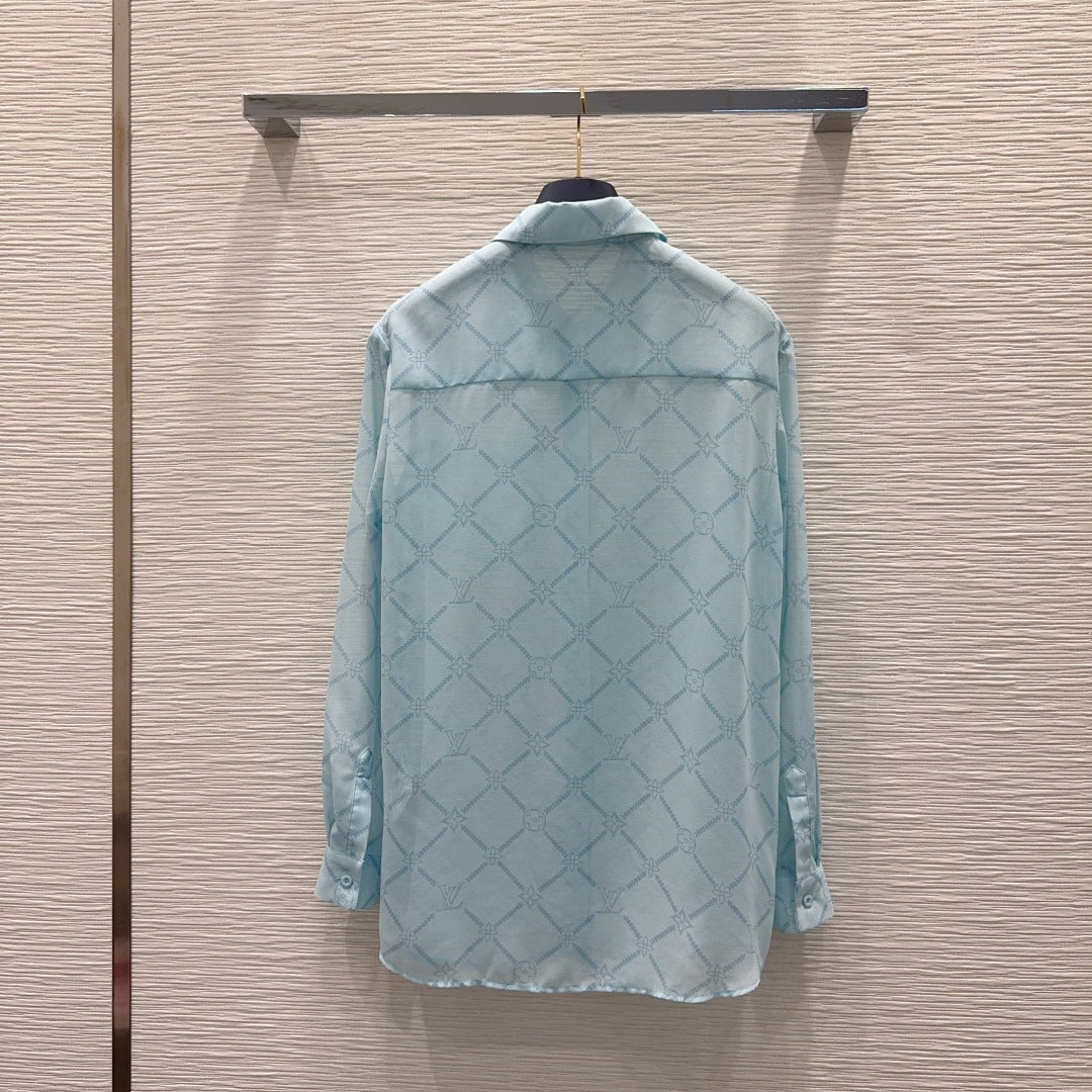 LV Monogram Tiles Co-ord Set – Pastel Ice-Blue Whisper-Weight Silk-Blend  Loungewear Set