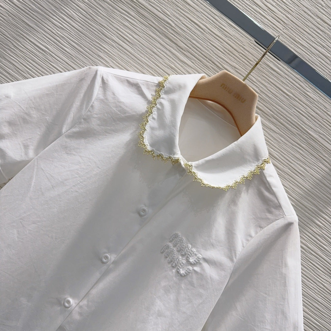 White Poplin Co-ord Set – Premium Cotton Collar Blouse and Scalloped Lace Mini-Skirt Set