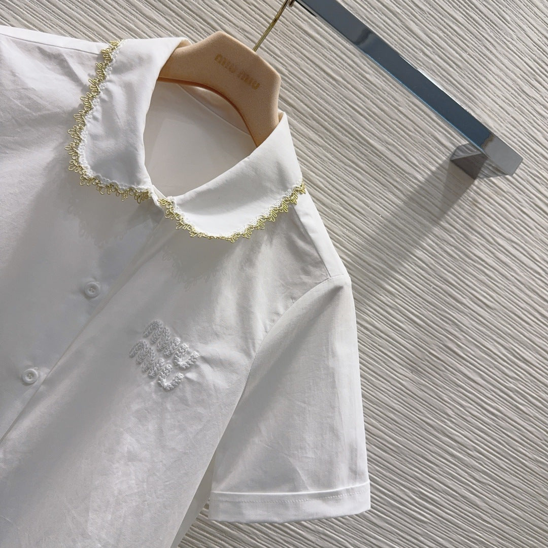 White Poplin Co-ord Set – Premium Cotton Collar Blouse and Scalloped Lace Mini-Skirt Set