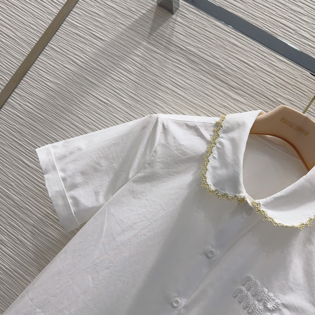 White Poplin Co-ord Set – Premium Cotton Collar Blouse and Scalloped Lace Mini-Skirt Set