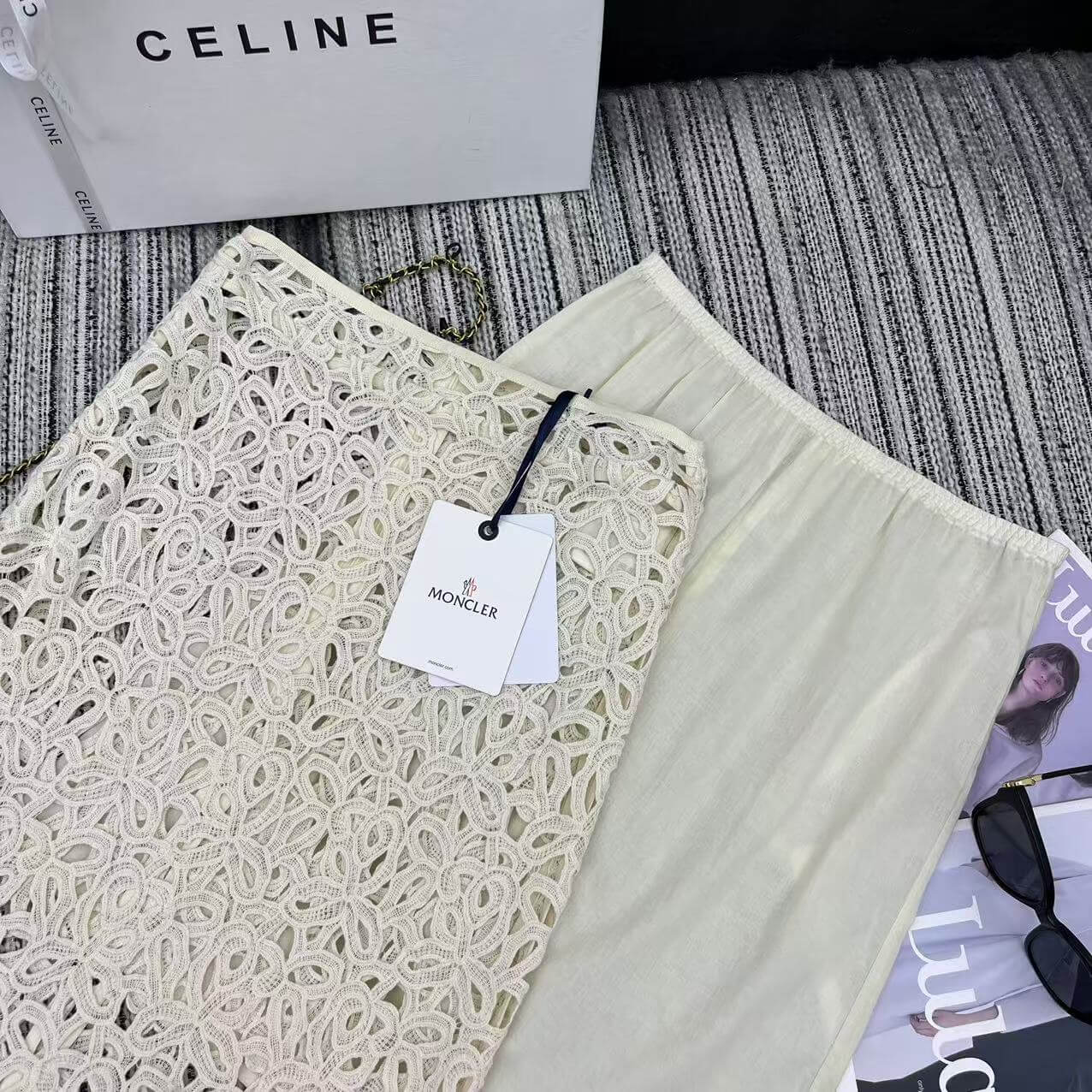 Floral Guipure Lace Pencil Skirt Set – Ivory White Open-Work Cotton-Blend Lace Overlay