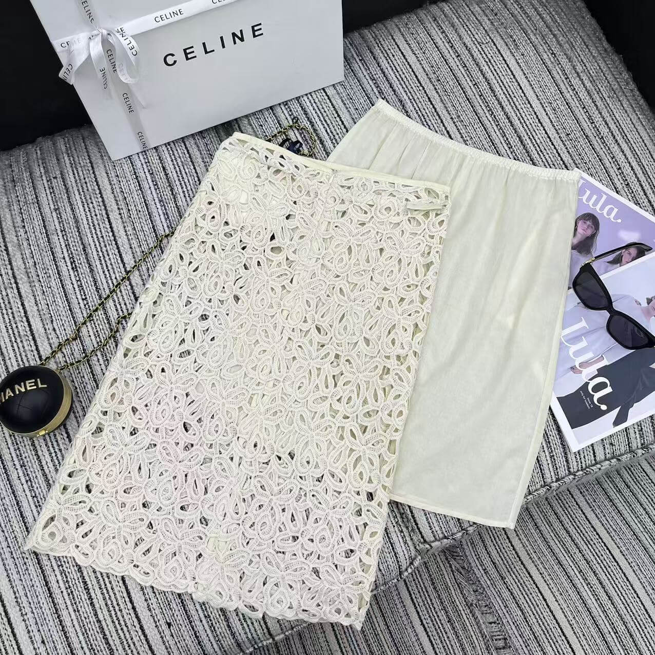 Floral Guipure Lace Pencil Skirt Set – Ivory White Open-Work Cotton-Blend Lace Overlay