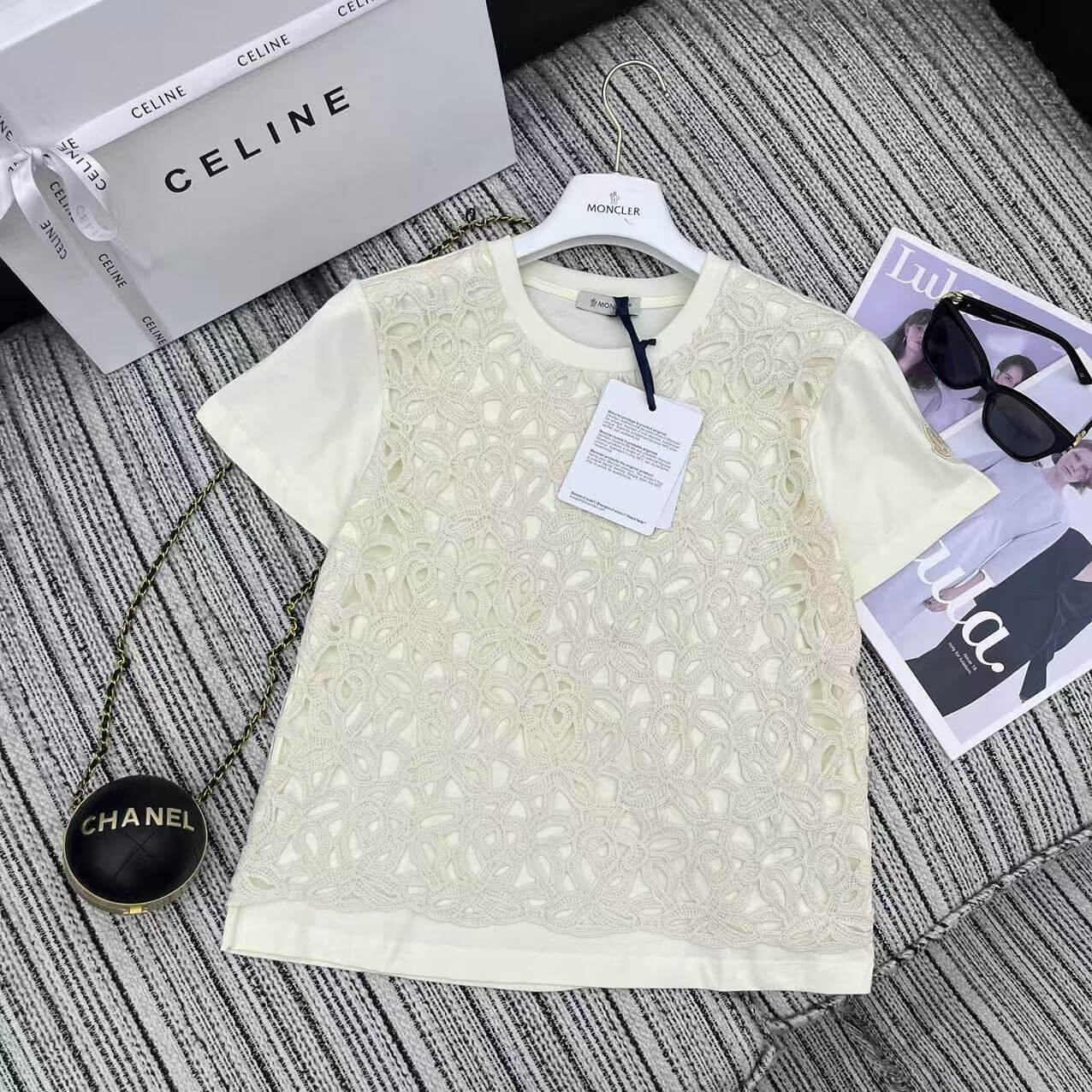 Floral Guipure Lace Overlay T-Shirt – Tonal Ivory Premium Cotton Jersey Crewneck Tee