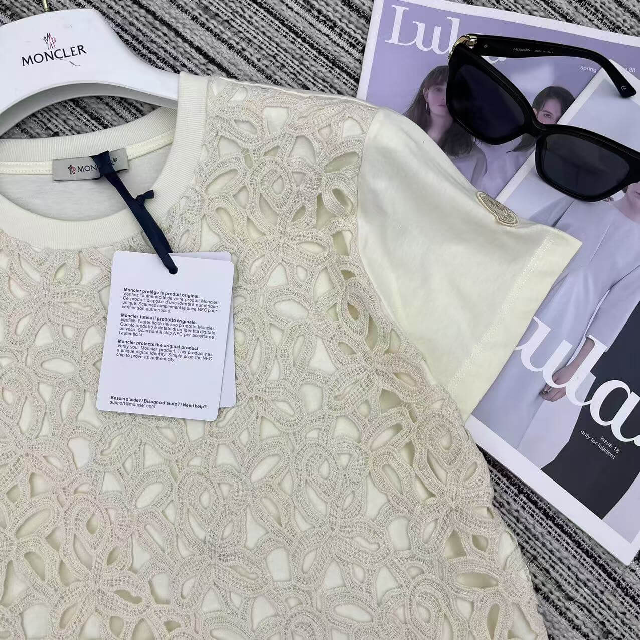 Floral Guipure Lace Overlay T-Shirt – Tonal Ivory Premium Cotton Jersey Crewneck Tee