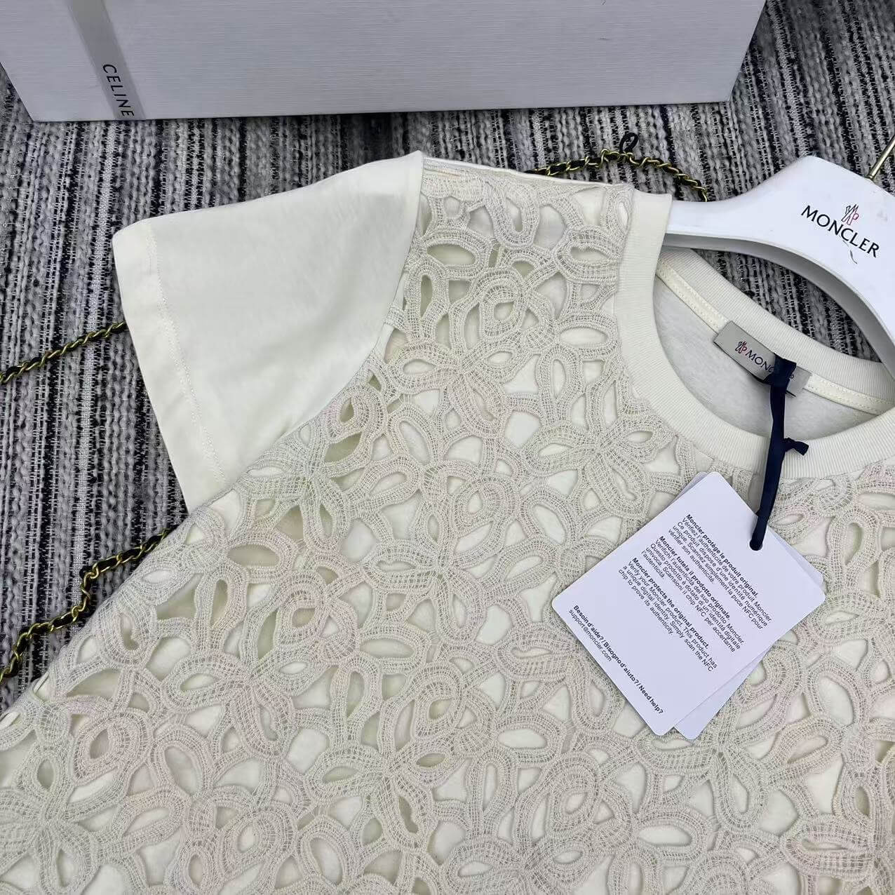 Floral Guipure Lace Overlay T-Shirt – Tonal Ivory Premium Cotton Jersey Crewneck Tee