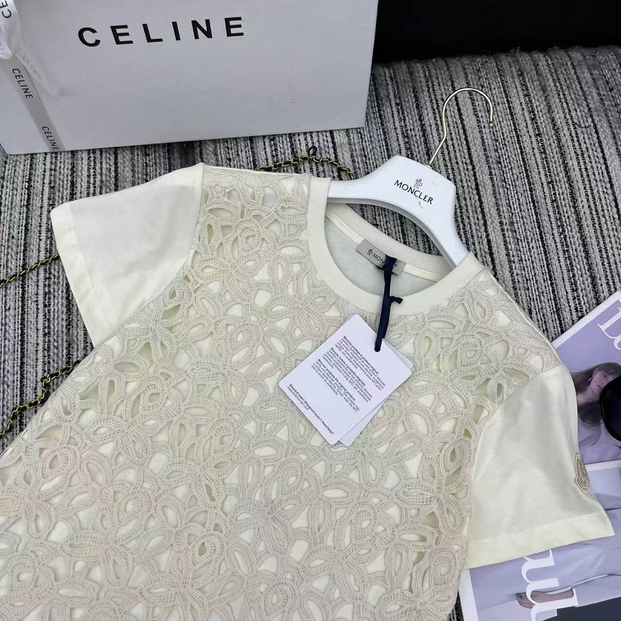 Floral Guipure Lace Overlay T-Shirt – Tonal Ivory Premium Cotton Jersey Crewneck Tee
