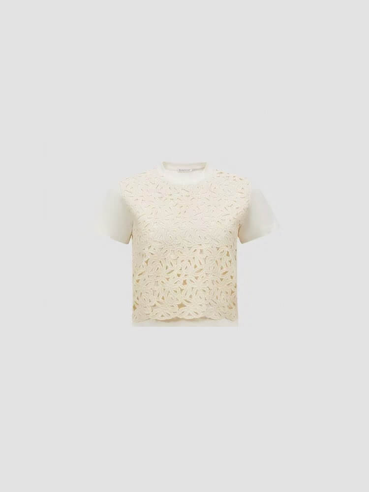 Floral Guipure Lace Overlay T-Shirt – Tonal Ivory Premium Cotton Jersey Crewneck Tee