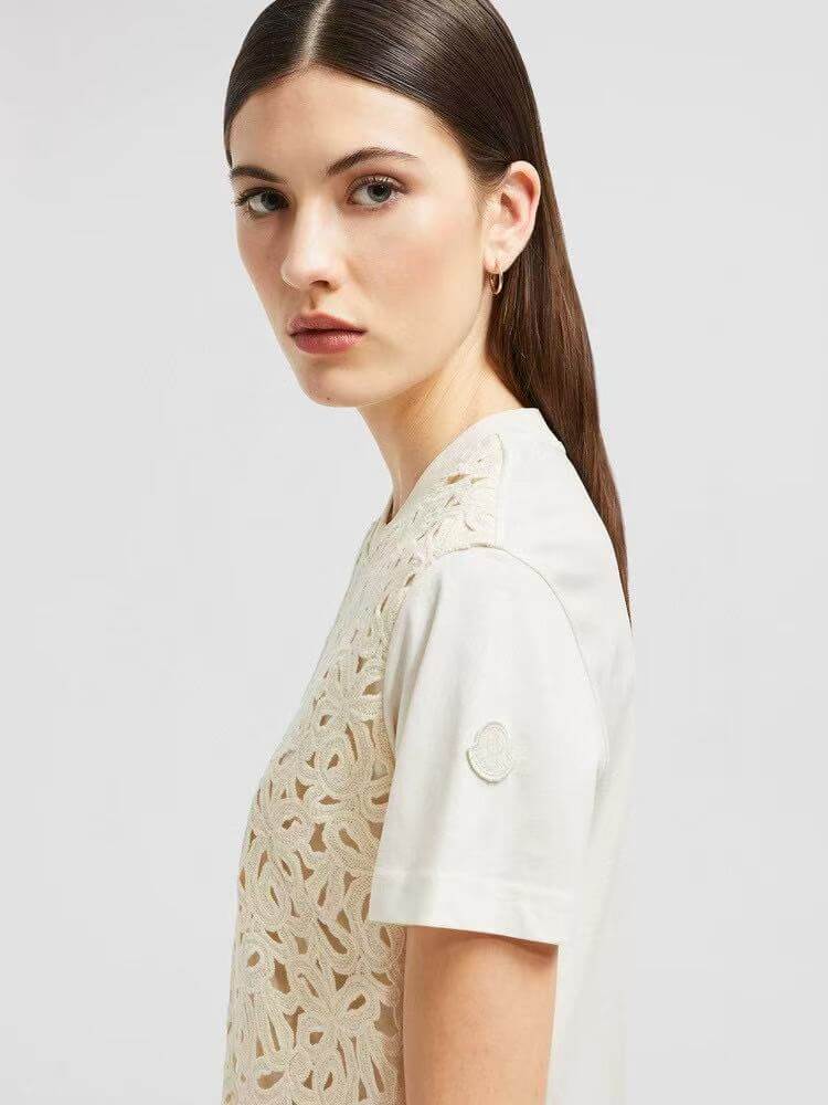 Floral Guipure Lace Overlay T-Shirt – Tonal Ivory Premium Cotton Jersey Crewneck Tee
