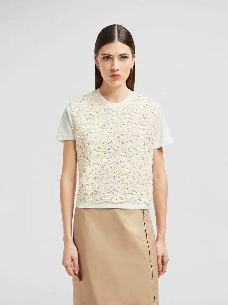 Floral Guipure Lace Overlay T-Shirt – Tonal Ivory Premium Cotton Jersey Crewneck Tee