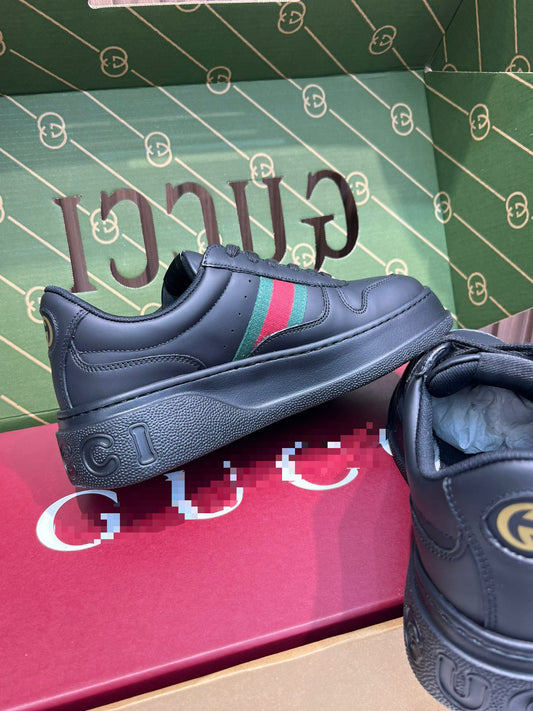 Chunky B Sneaker – Triple Black Smooth Leather with Heritage Web Stripe