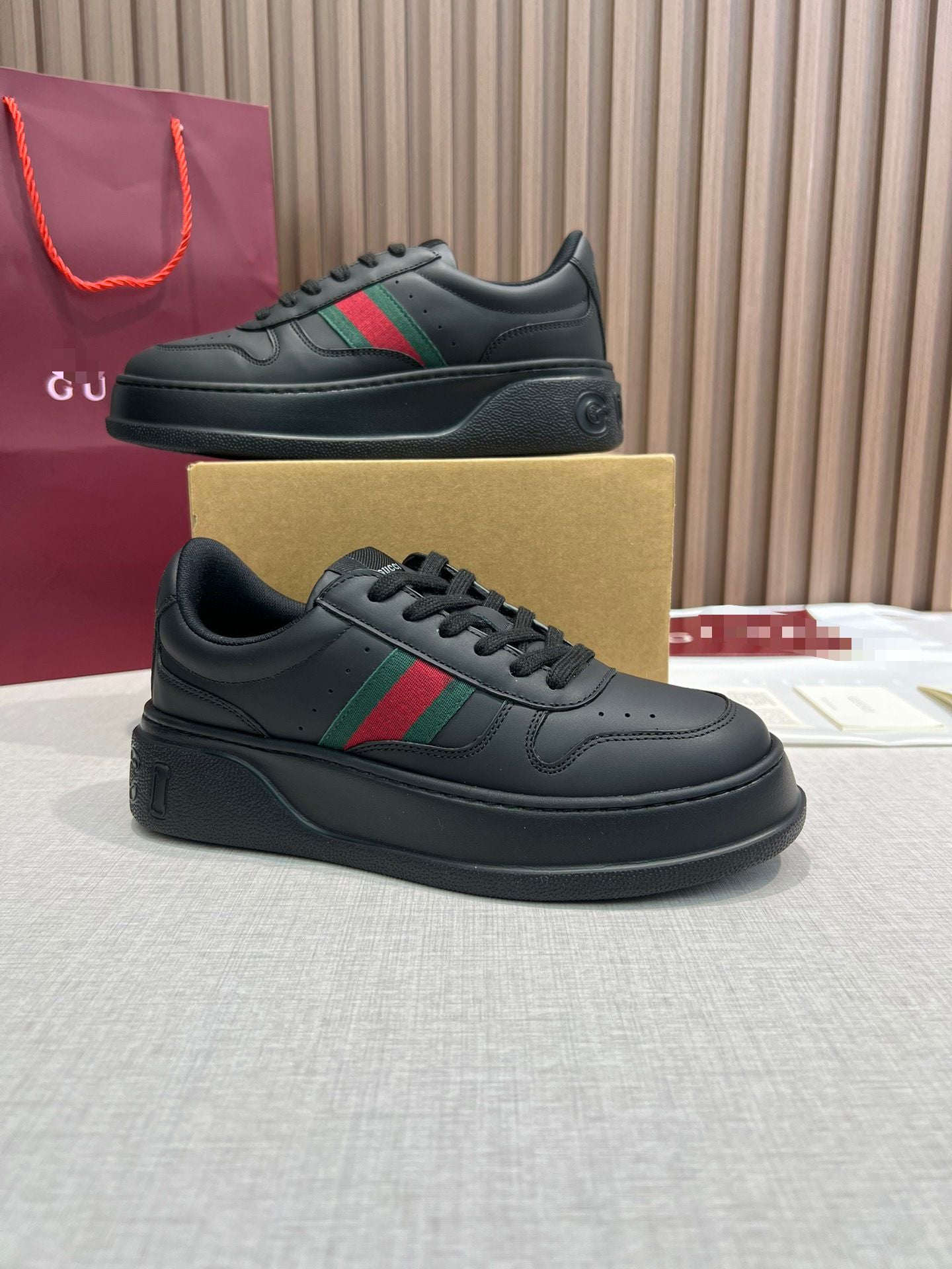 Chunky B Sneaker – Triple Black Smooth Leather with Heritage Web Stripe