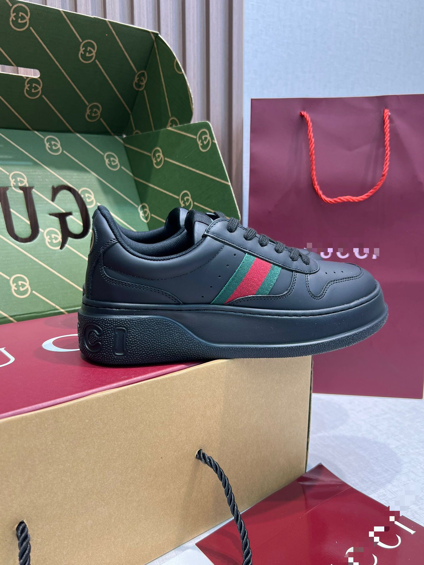 Chunky B Sneaker – Triple Black Smooth Leather with Heritage Web Stripe