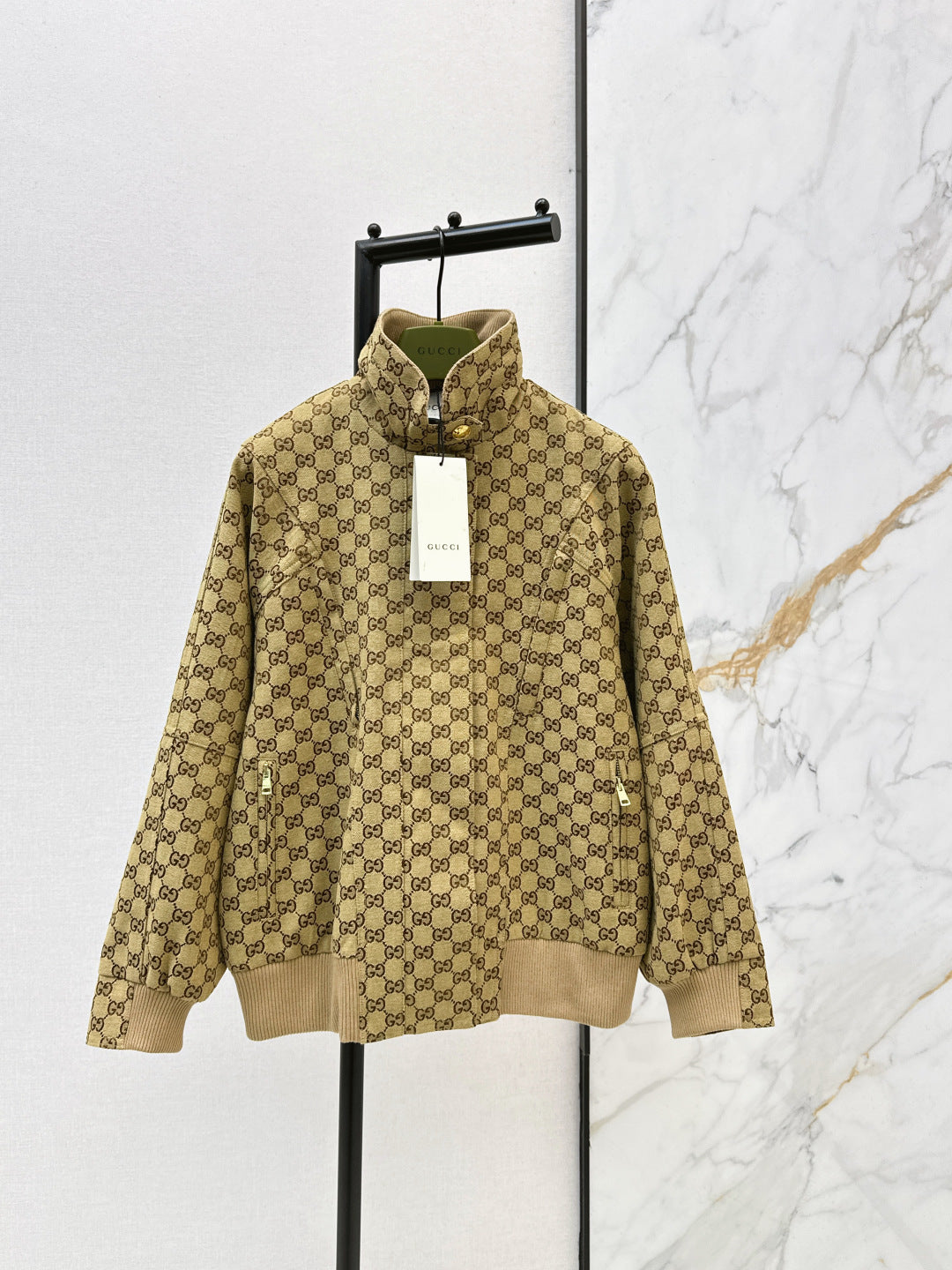 GG Canvas Bomber Jacket – Camel & Ebony Monogram with Ribbed Trims