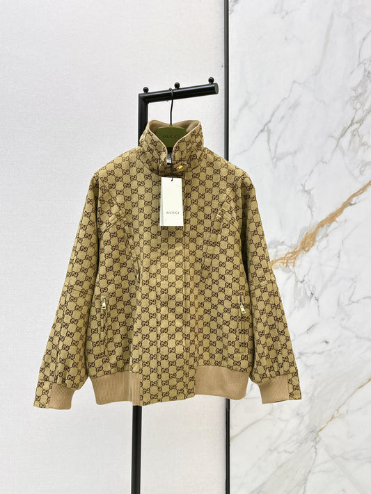 GG Canvas Bomber Jacket – Camel & Ebony Monogram with Ribbed Trims