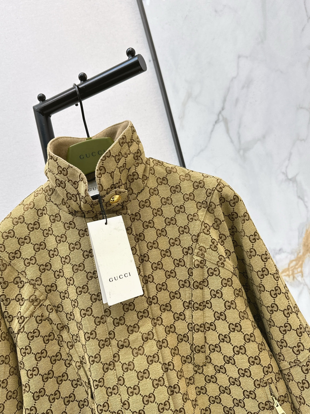 GG Canvas Bomber Jacket – Camel & Ebony Monogram with Ribbed Trims