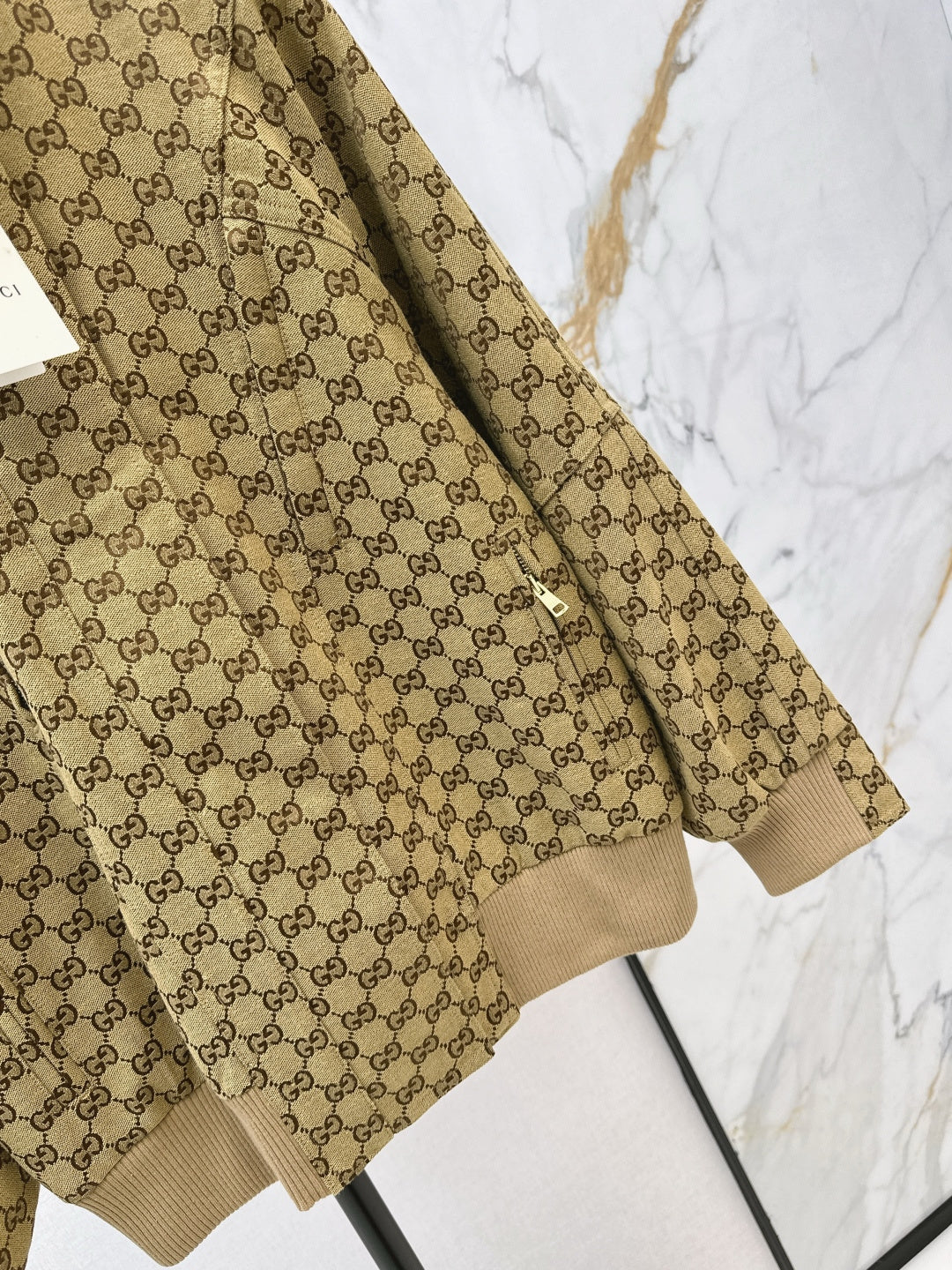 GG Canvas Bomber Jacket – Camel & Ebony Monogram with Ribbed Trims