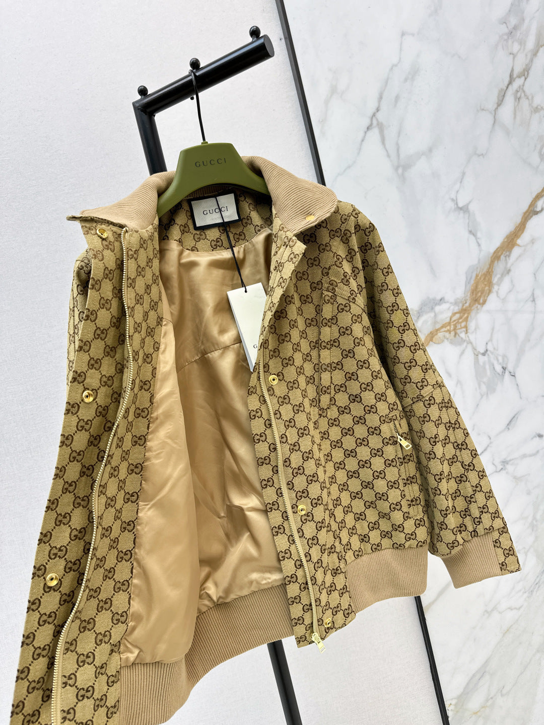 GG Canvas Bomber Jacket – Camel & Ebony Monogram with Ribbed Trims