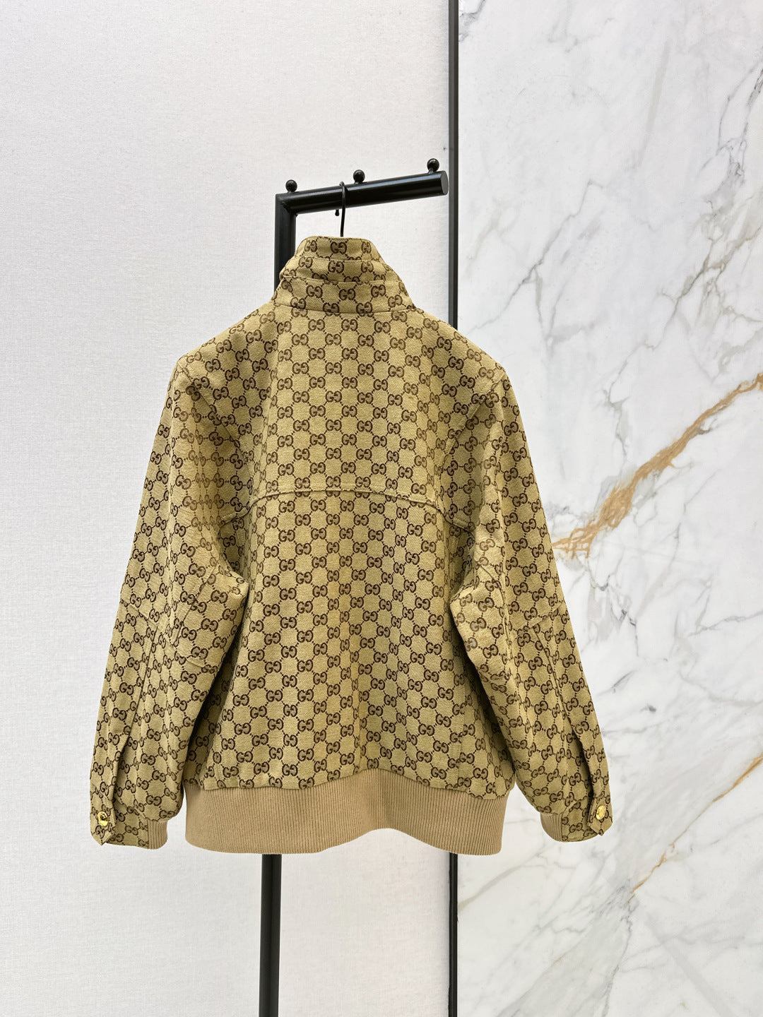 GG Canvas Bomber Jacket – Camel & Ebony Monogram with Ribbed Trims