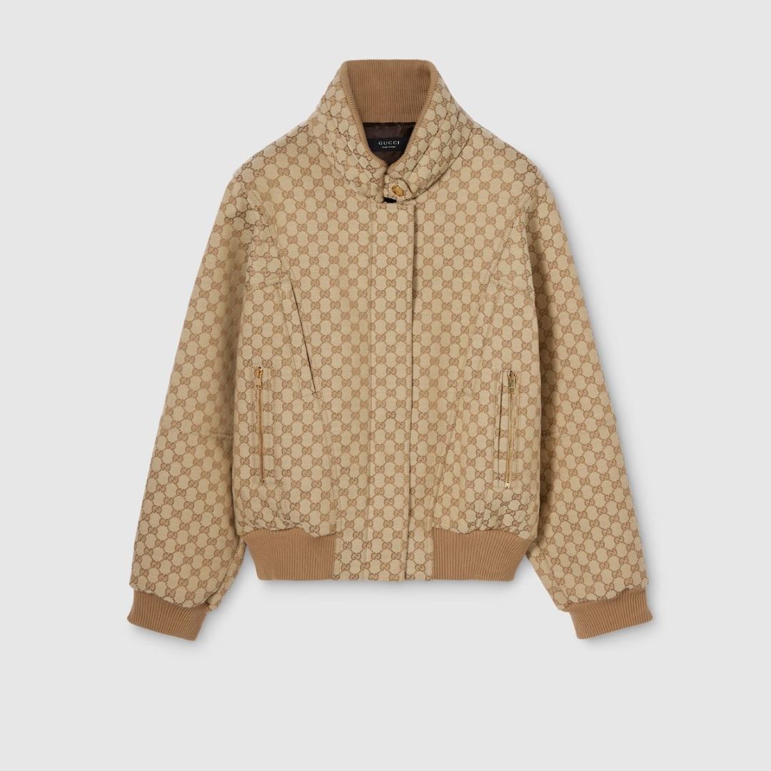 GG Canvas Bomber Jacket – Camel & Ebony Monogram with Ribbed Trims