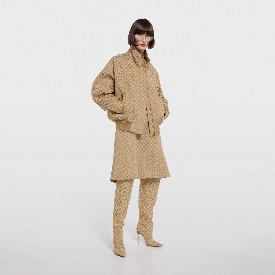 GG Canvas Bomber Jacket – Camel & Ebony Monogram with Ribbed Trims