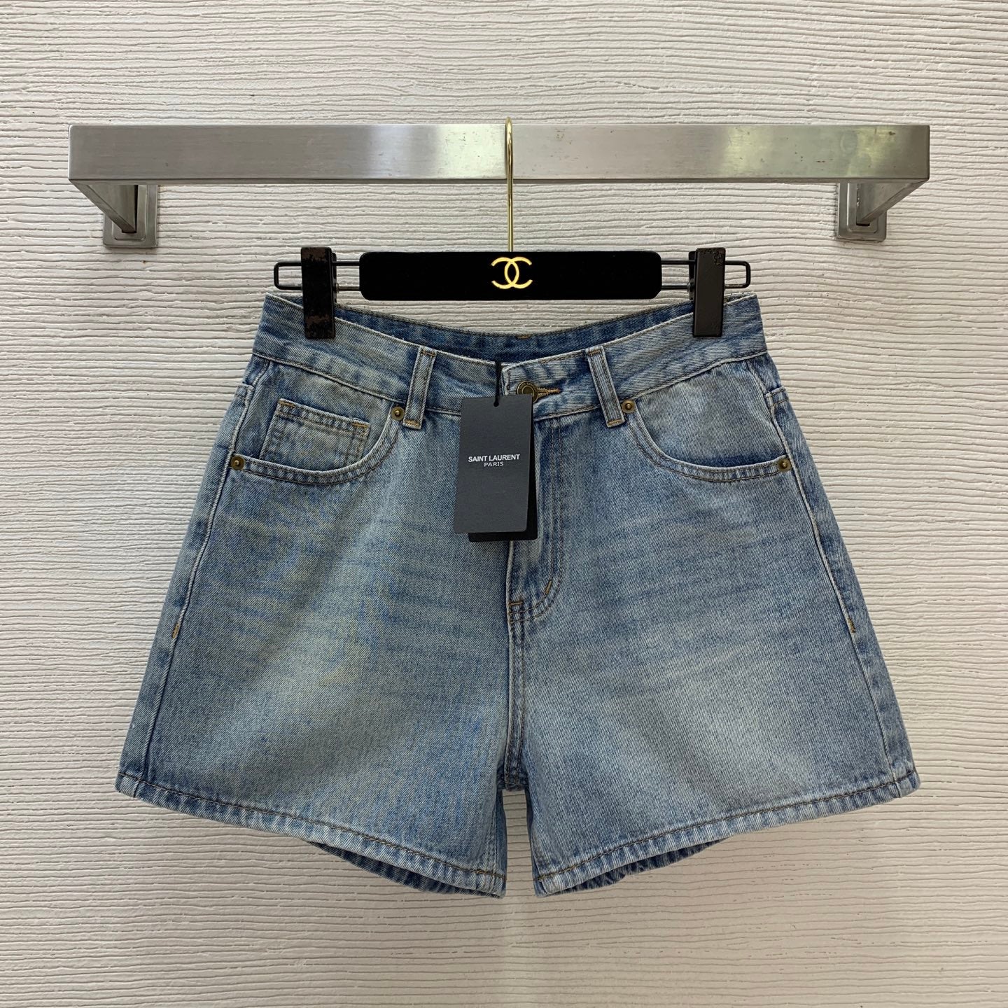 YSL Monogram Embroidered Denim Shorts – Stone-Washed Light Blue Cotton Denim High-Rise Shorts