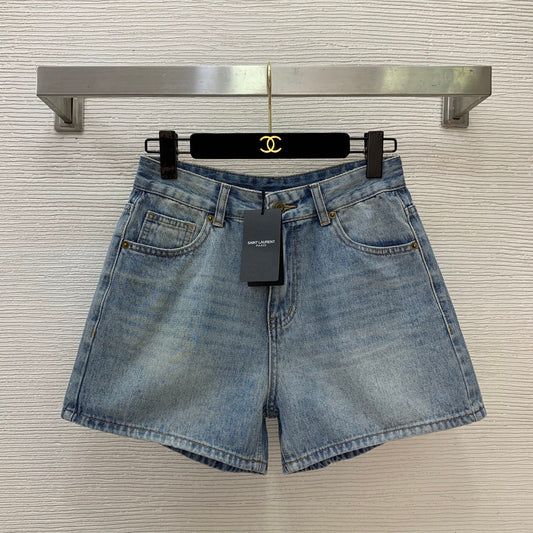 YSL Monogram Embroidered Denim Shorts – Stone-Washed Light Blue Cotton Denim High-Rise Shorts