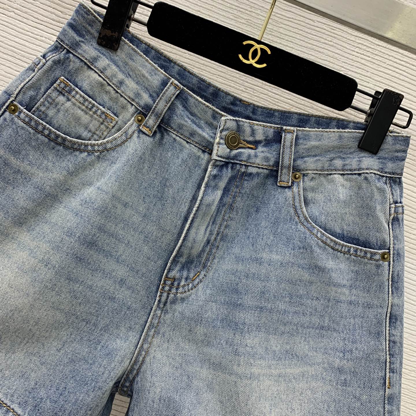 YSL Monogram Embroidered Denim Shorts – Stone-Washed Light Blue Cotton Denim High-Rise Shorts