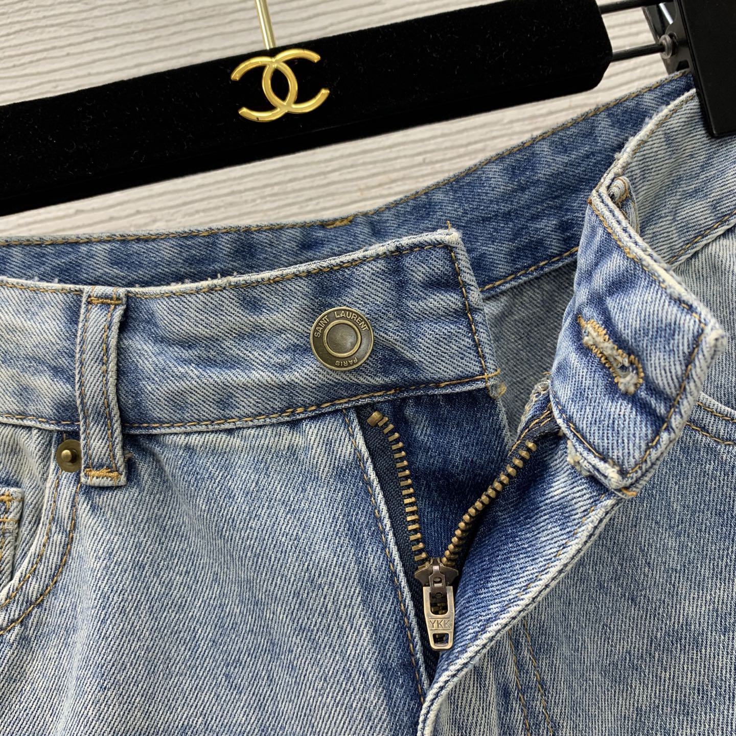 YSL Monogram Embroidered Denim Shorts – Stone-Washed Light Blue Cotton Denim High-Rise Shorts