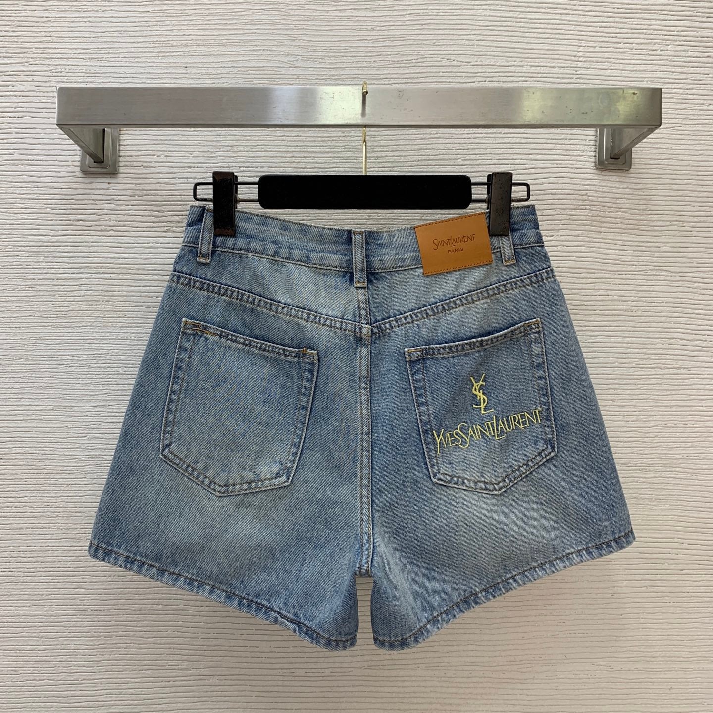 YSL Monogram Embroidered Denim Shorts – Stone-Washed Light Blue Cotton Denim High-Rise Shorts