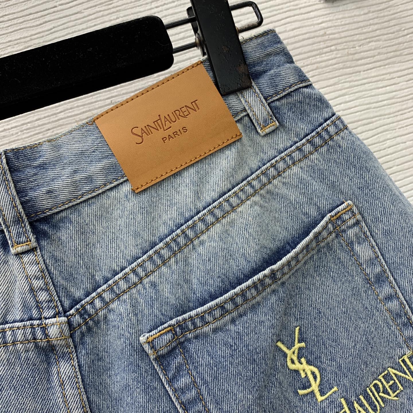 YSL Monogram Embroidered Denim Shorts – Stone-Washed Light Blue Cotton Denim High-Rise Shorts