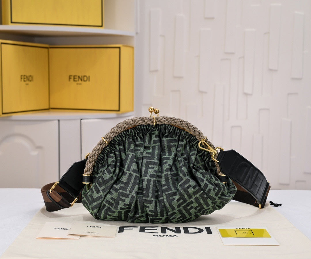FF Jacquard Frame Clutch with Woven Rope Trim – Forest Green & Black (Small)