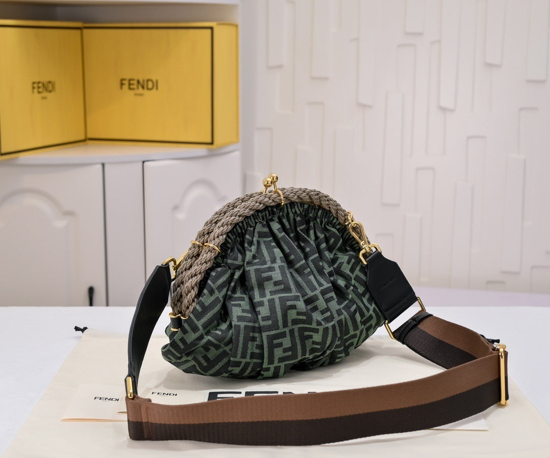 FF Jacquard Frame Clutch with Woven Rope Trim – Forest Green & Black (Small)