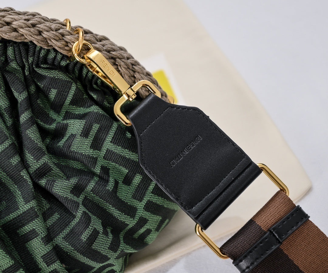 FF Jacquard Frame Clutch with Woven Rope Trim – Forest Green & Black (Small)