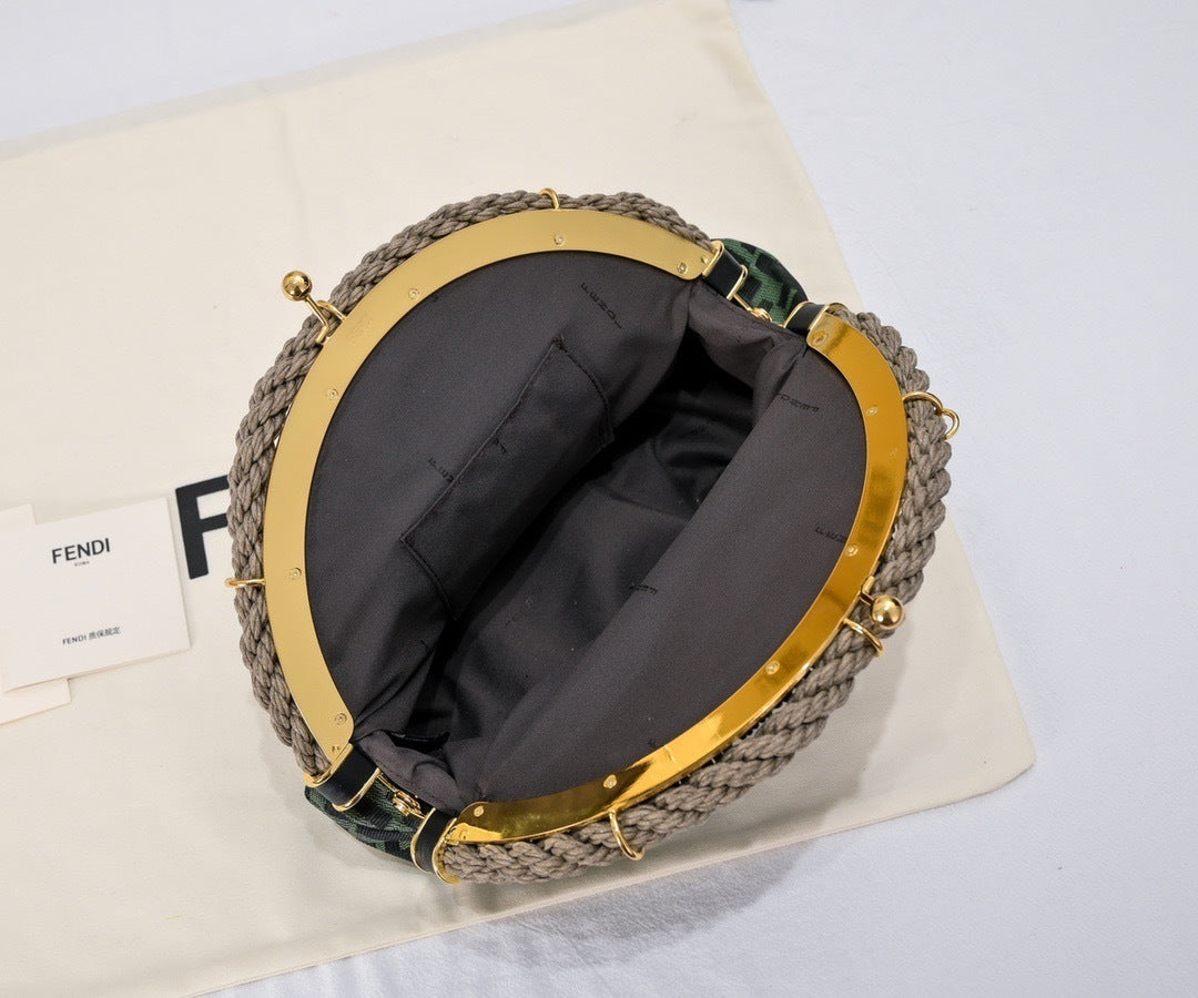 FF Jacquard Frame Clutch with Woven Rope Trim – Forest Green & Black (Small)