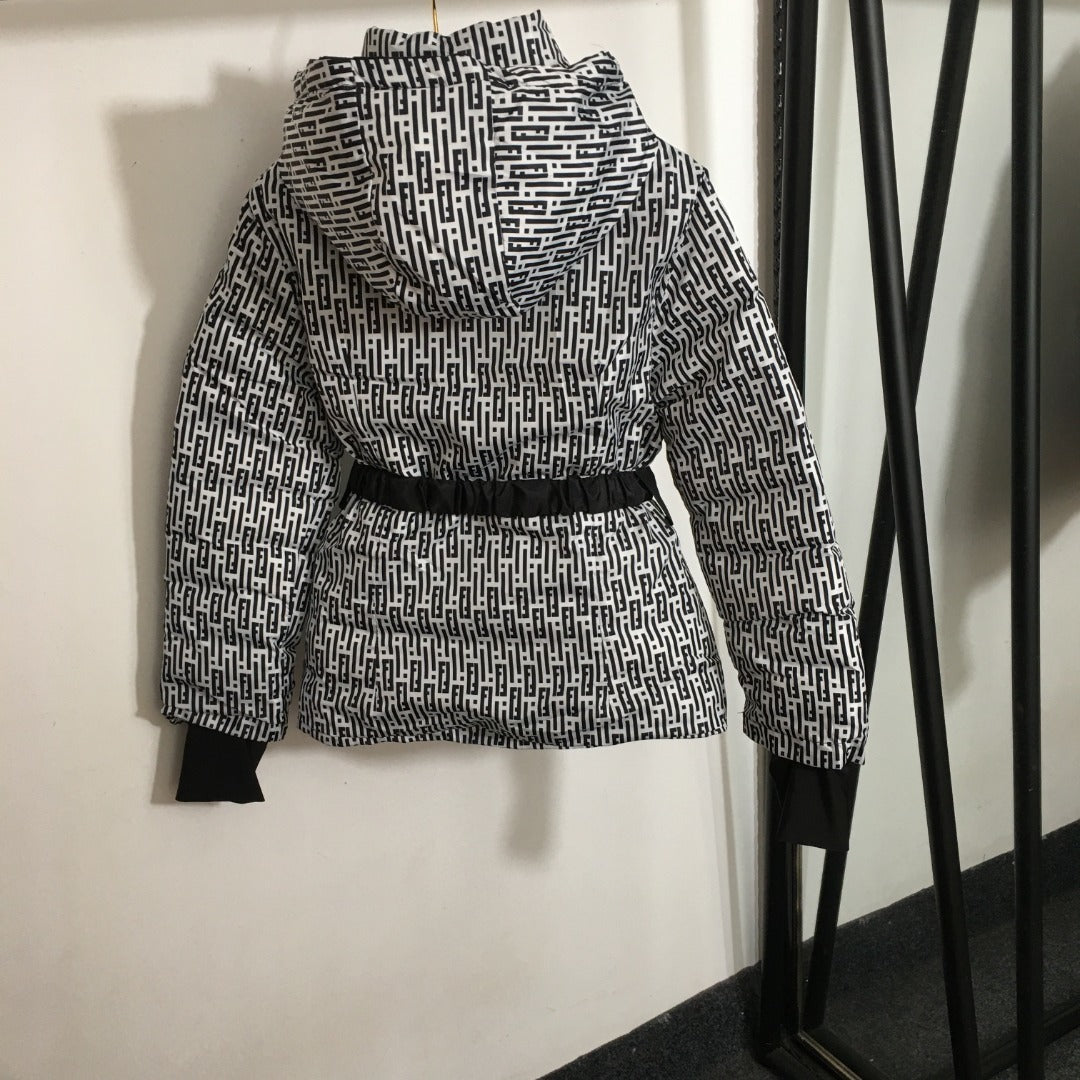 Black & White Geometric FF Monogram Belted Ski Puffer Jacket