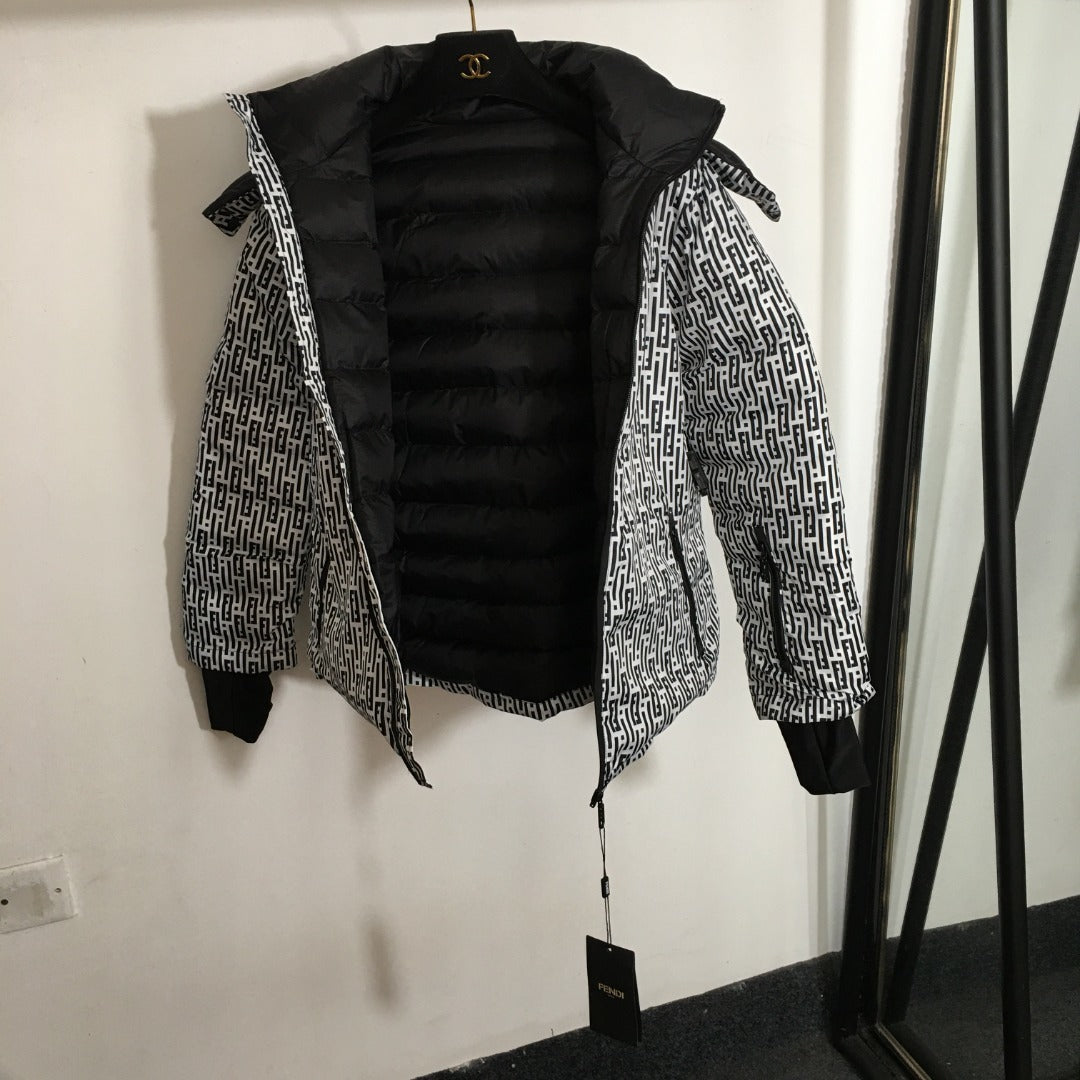 Black & White Geometric FF Monogram Belted Ski Puffer Jacket