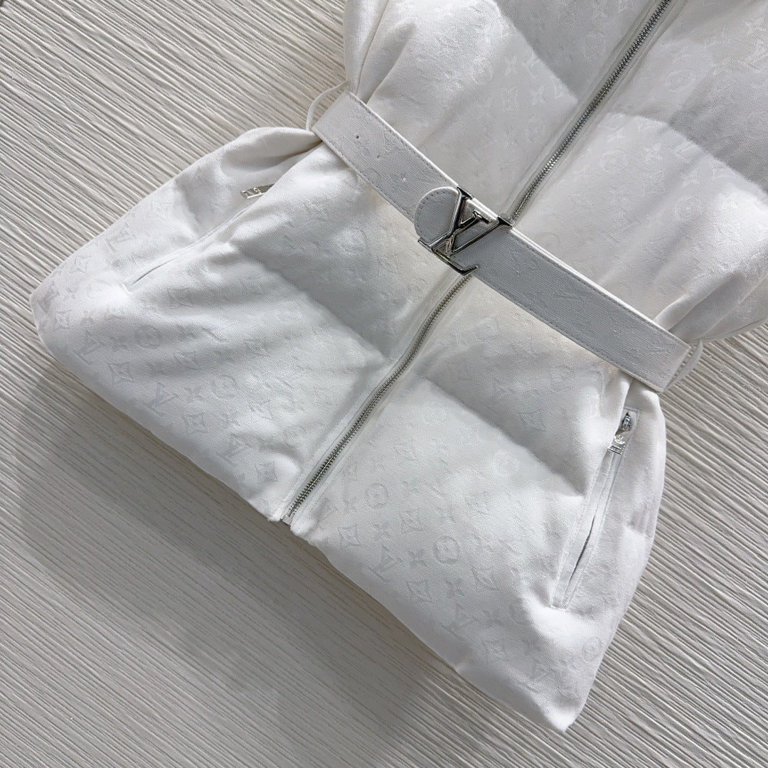 White LV Monogram Belted Puffer Vest