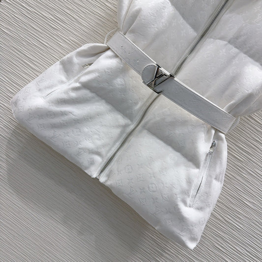 White LV Monogram Belted Puffer Vest