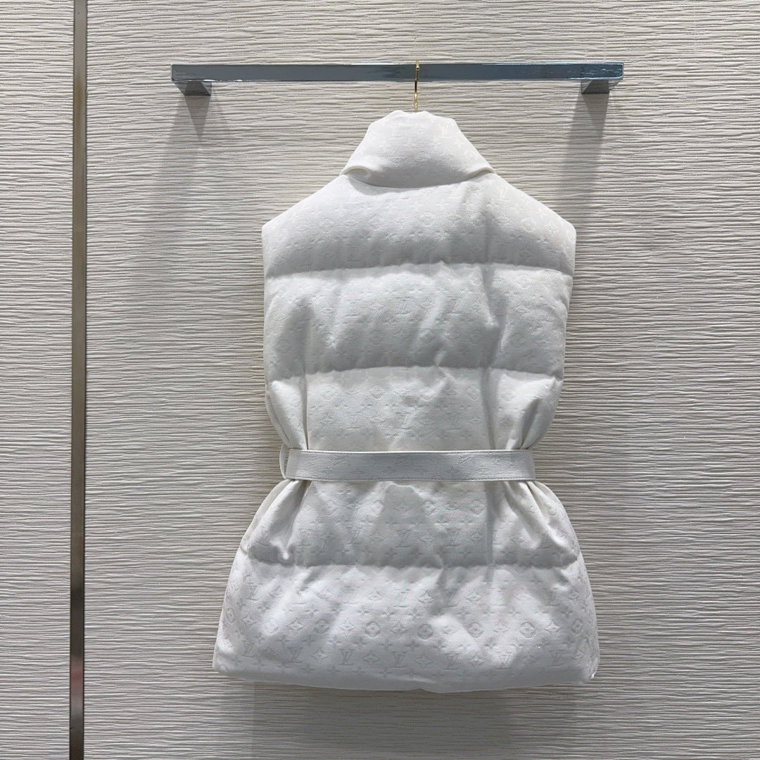White LV Monogram Belted Puffer Vest