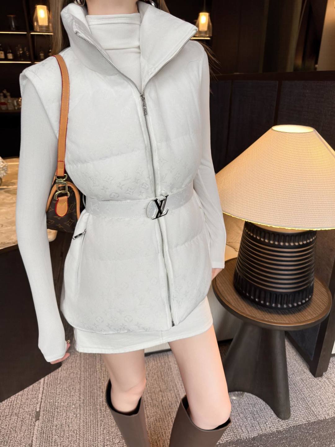 White LV Monogram Belted Puffer Vest