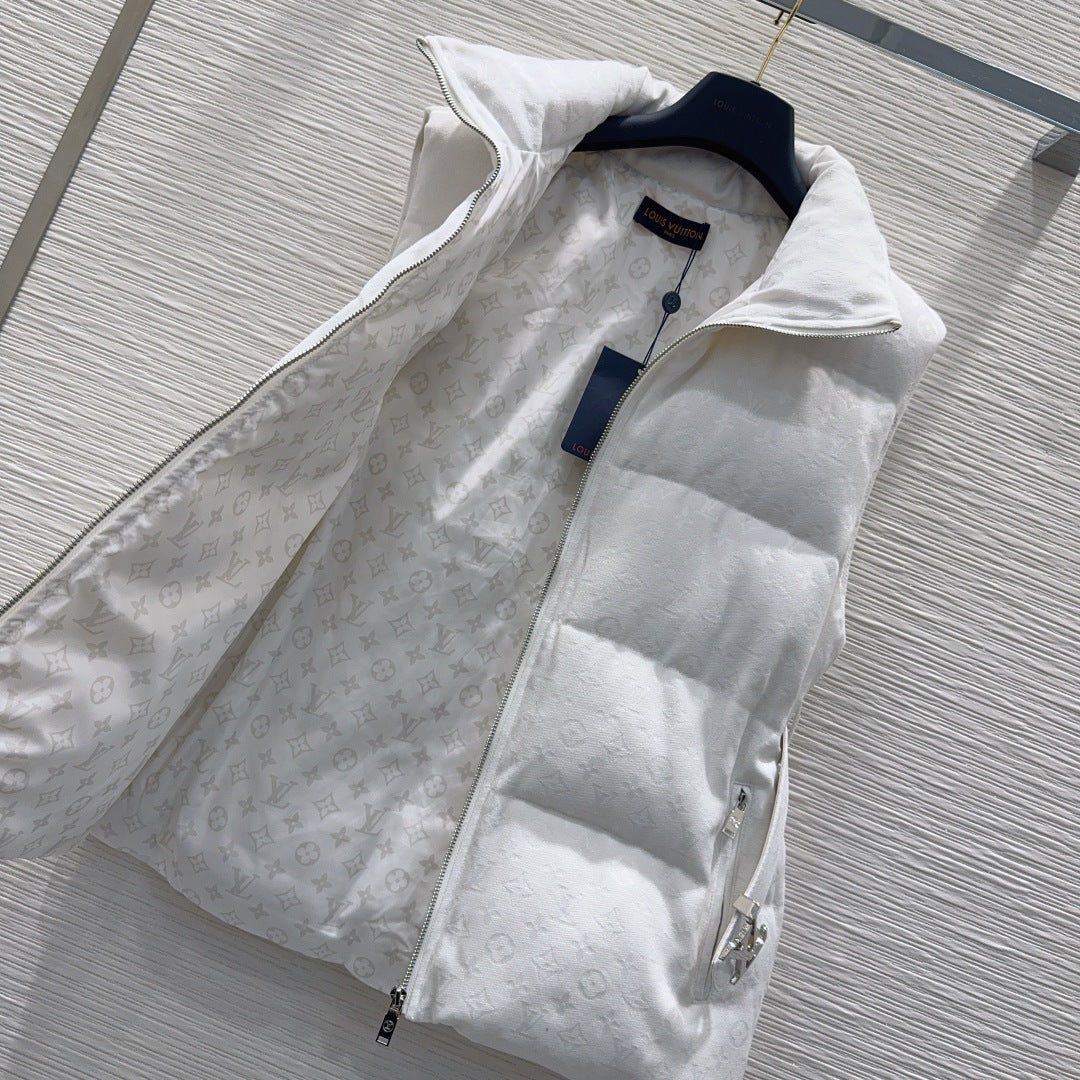 White LV Monogram Belted Puffer Vest