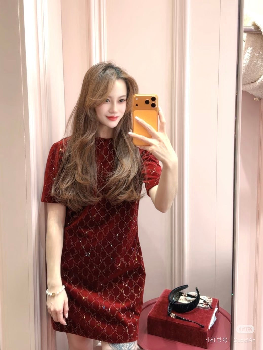 Embroidered Cotton Velvet Mini Dress – Rosso Ancora with Allover GG Crystals
